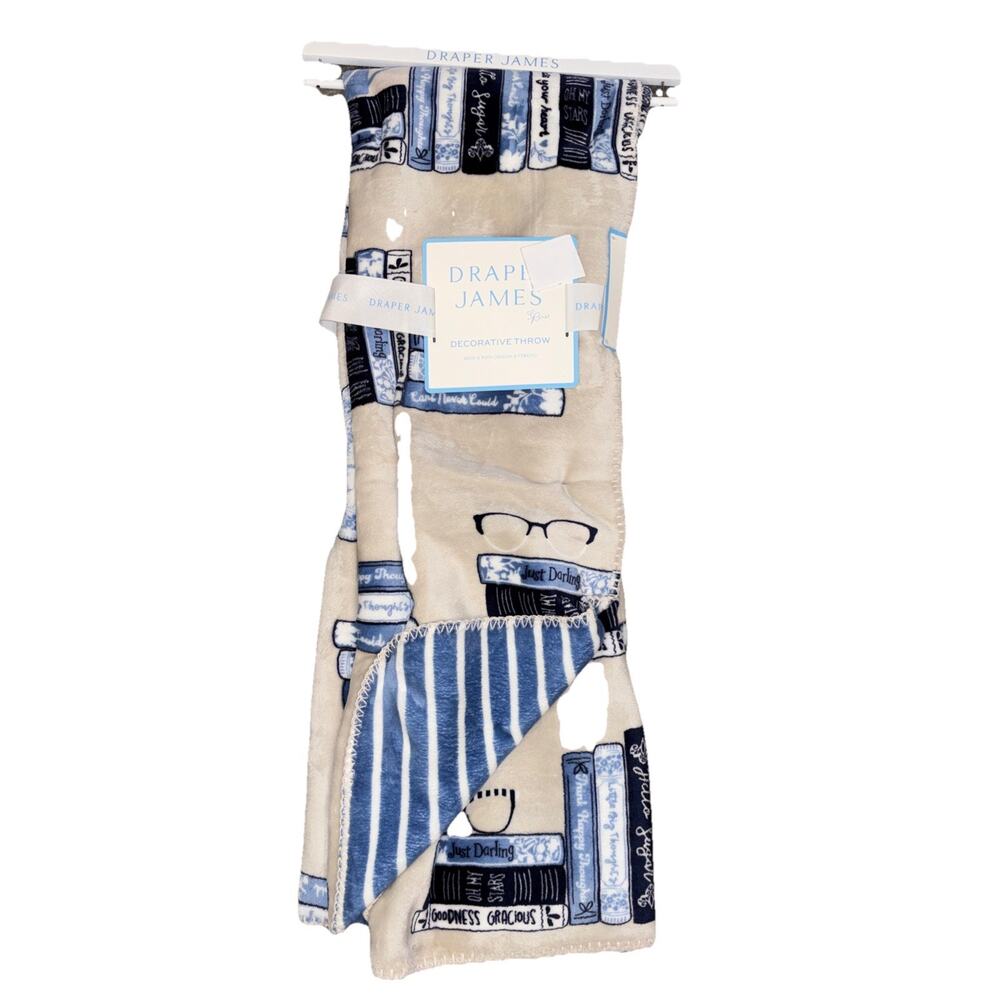 Draper James Book Shelf Plush Throw Blanket Blue Cream Reversible Books Library